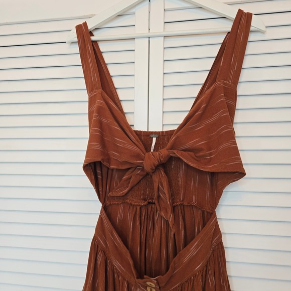 FREE PEOPLE Midi Dress Caldasi Bronze Striped Tie Front Sz XS Cottagecore Casual - Picture 4 of 14